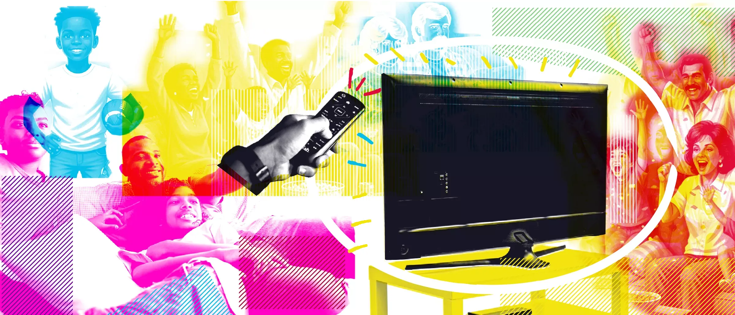 A vibrant, multi-colored collage showing diverse fans cheering and a hand using a remote to point at a television screen.